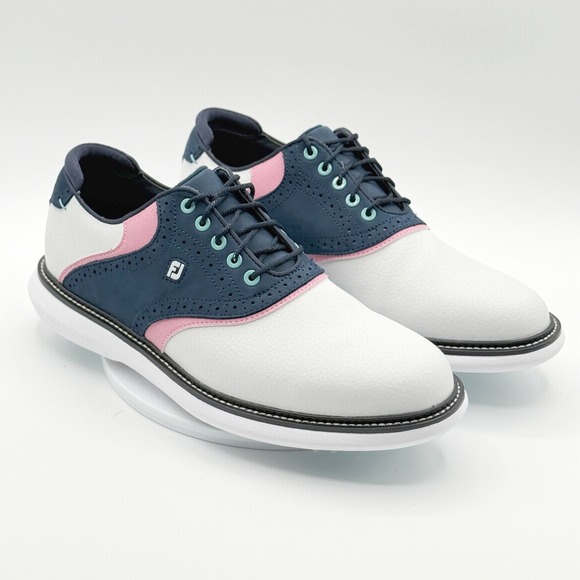 Footjoy Traditions‎ Mens Golf Shoe Size 9.5 Saddle White/Navy/Pink 57959 New